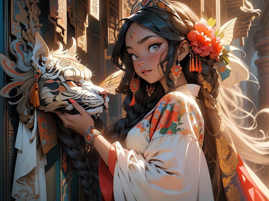 Butterfly motif、Orange tones、Vibrant colors、((masterpiece)))、(((top-quality)))、((ultra-detailliert))、(A hyper-realistic)、(highly detailed CGillustration)、From the right side、Official art、Amsterdam at the beginning of the 20th century、Red Window、Decadent、Madame Papillon、Cool Beauty、Masquerade、refinement、Elegance、Colorful and detailed mask design、matchless beauty、Fans、gorgeous dress、jewely、Perfect Angle、perfect-composition。full body Esbian ((small breasts, slim waist, flat stomach, baby face)) long black hair in braids, twin braids of long, black hair, cute face, 64k, award winning illustration, realistic light, ultra-detailed, high quality concept art, trending art on Artstation, Chinese ink painting, inspired by Daiqing Tana and Haya, inspired by SaDingDing, inspired by Otyken, inspired by Cave of 1,000 Buddhas and Taoist mythology, inspired by Alphonse Mucha style with art nouveau elements.