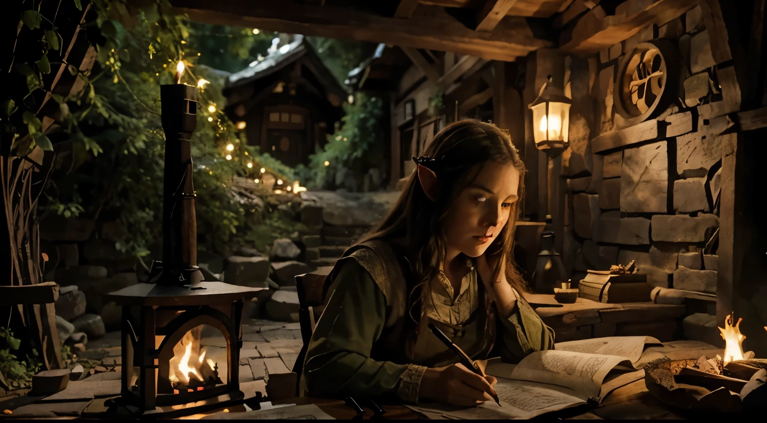  hobbit tavern, a pretty hobbit medieval elf girl writting in a old paper, fireplce back ( do the face more detailed )