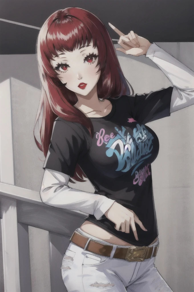 yunaka fe, red eyes, 1girl, solo, standing, black t-shirt, white shirt, blue jeans, belt, lipstick, large breasts