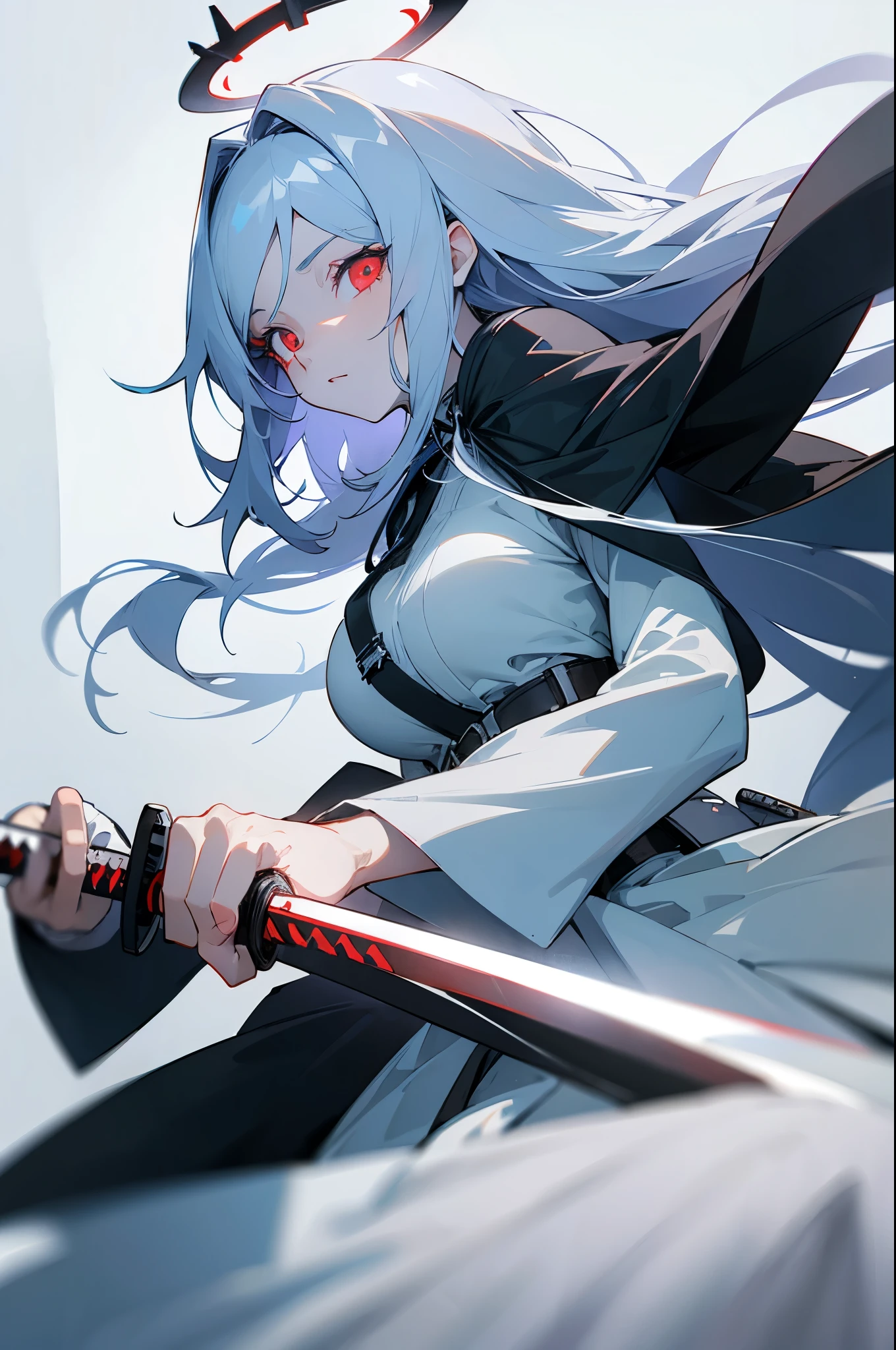 (masterpiece), best quality, detailed eyes, light red eyes, white skinned, black + dark blue hair, halo, black + white + light blue clothing, belts, long hair, katana, dress