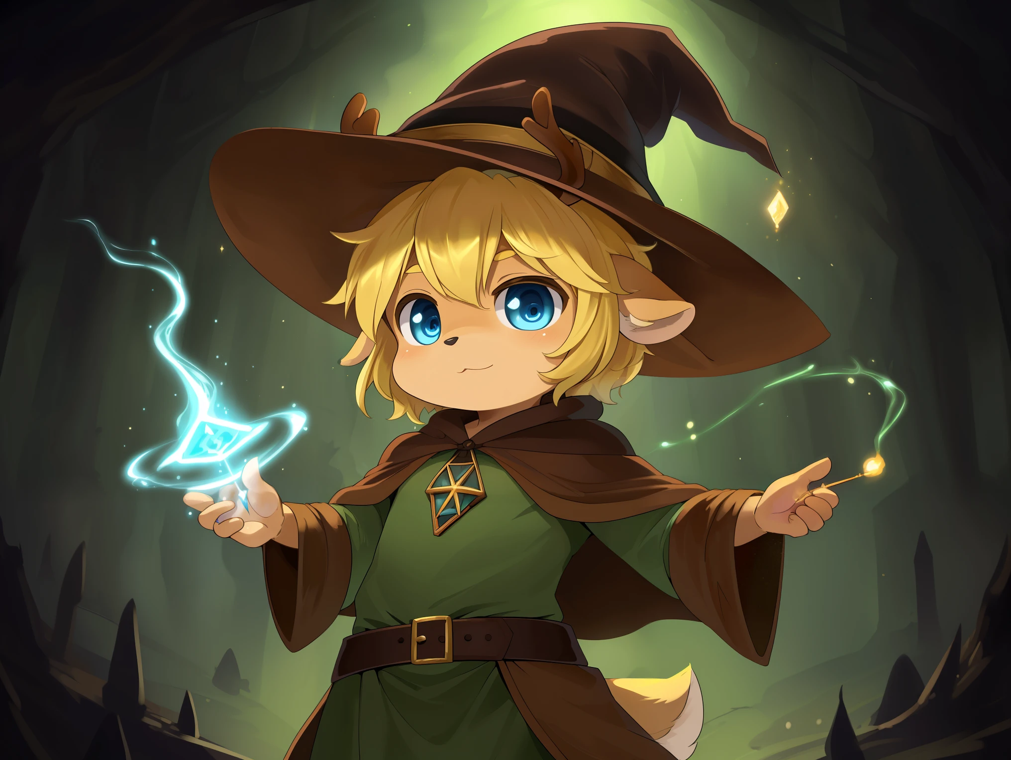 deer, solo, young, cub, chibi, (blue eyes), ((large witch hat)), ((brown hat)), ((brown cloak)), (long green tunic), (blonde hair), (short hair), short deer tail. ((light brown body)), (short brown antlers), short snout, ((((casting magic)))), magic, epic pose. dark dungeon background. Very good figure, cinematic lighting, volume lighting, masterpiece, best quality