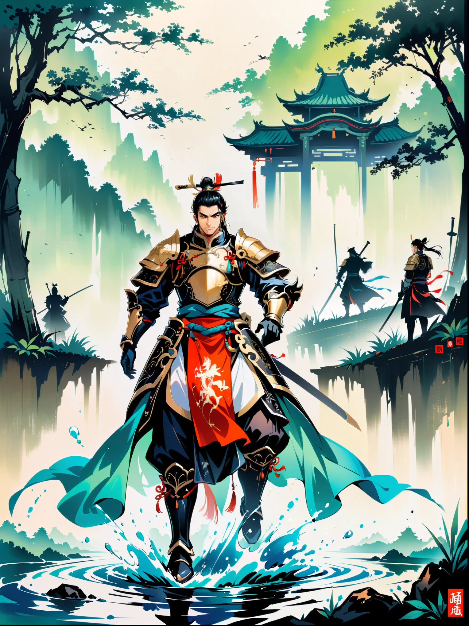Ink painting,Male knight on the water,Wearing exquisite Chinese Tang Dynasty Ming Guang armor,A bamboo forest behind,sword,landscape,Ultra HD resolution,Freehand style,majestic,Natural light,Knight Focus