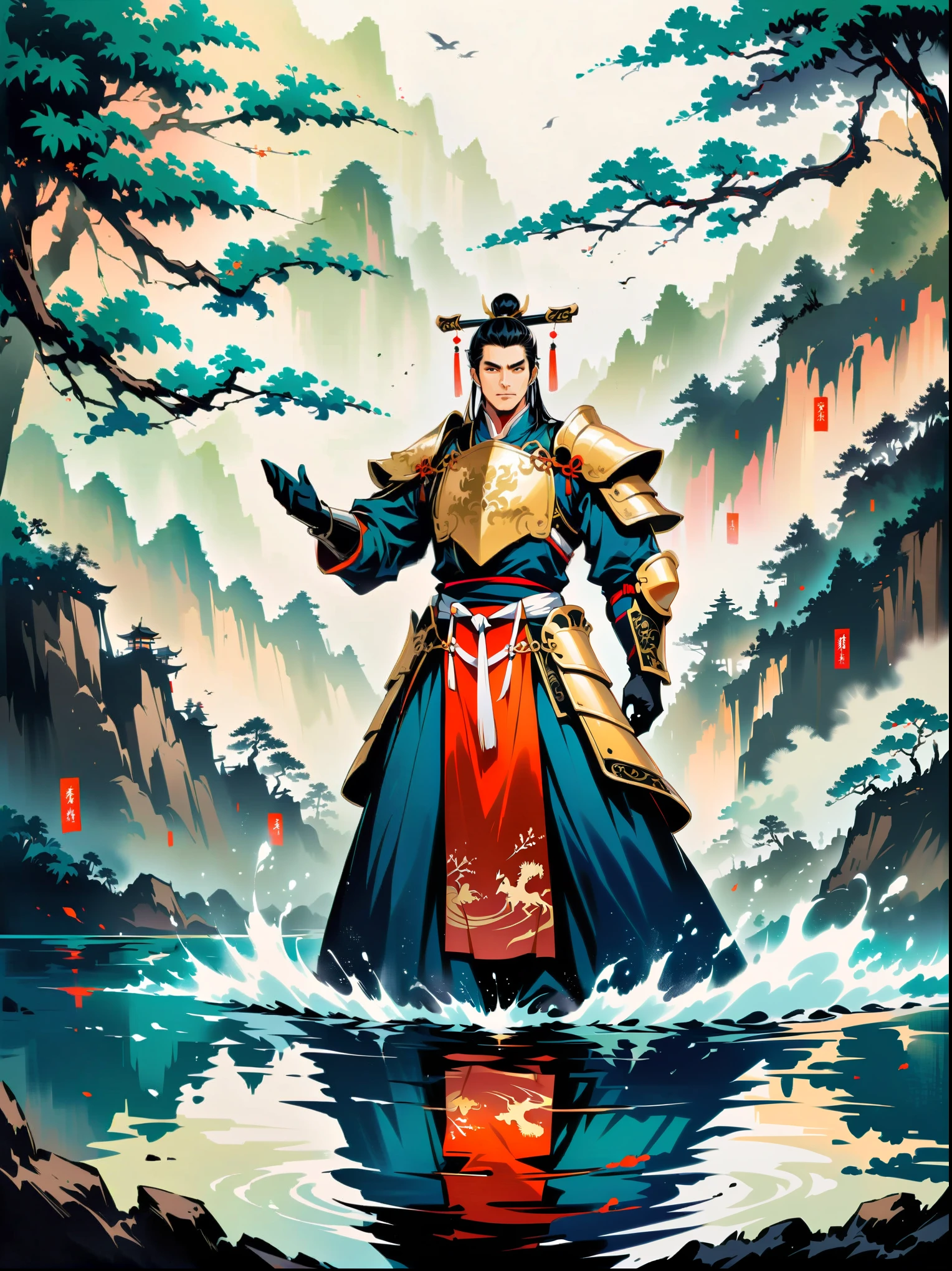 Ink painting,Male knight on the water,Wearing exquisite Chinese Tang Dynasty Ming Guang armor,A bamboo forest behind,sword,landscape,Ultra HD resolution,Freehand style,majestic,Natural light,Knight Focus