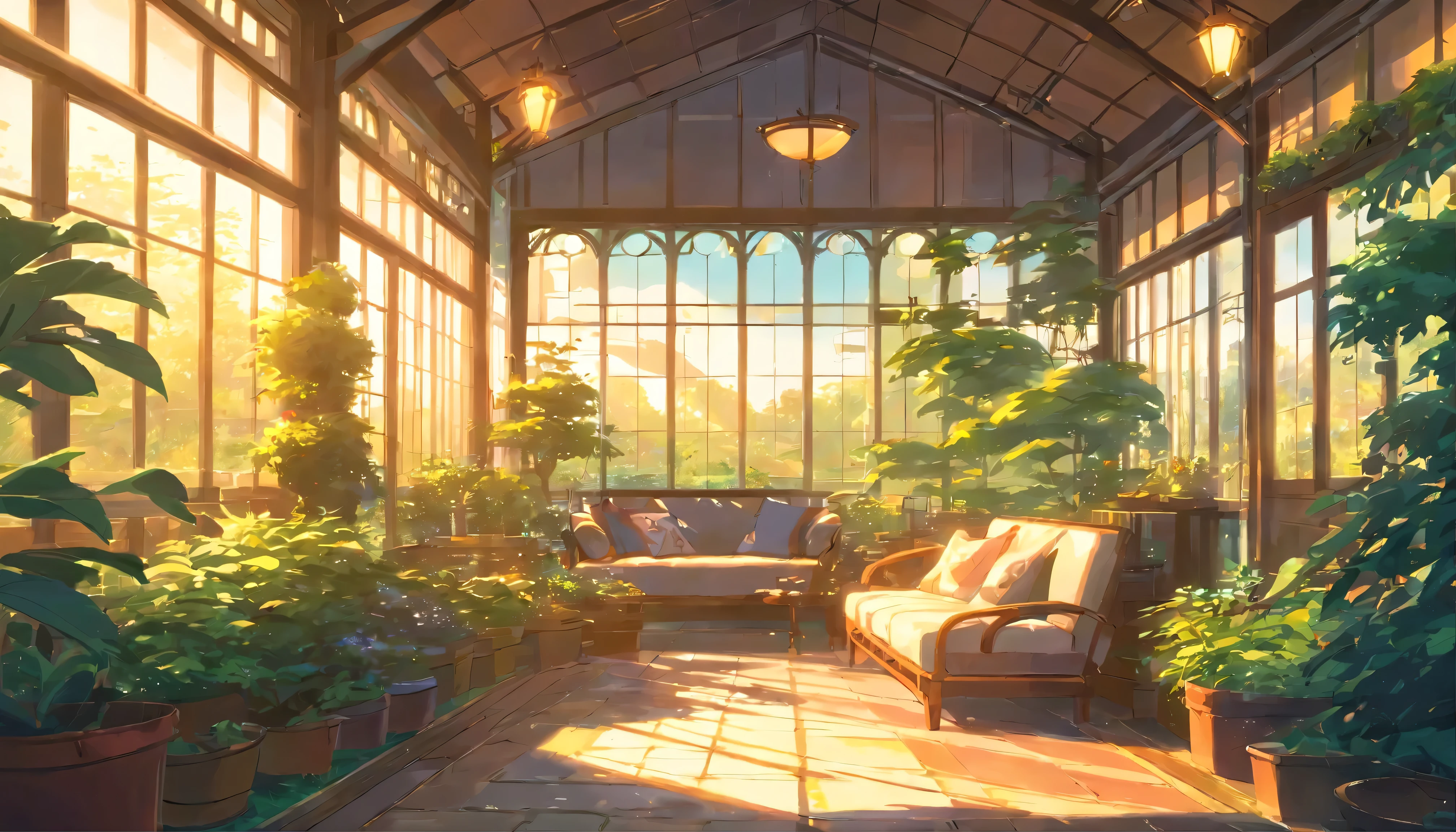 ​background, draw, masterpiece, greenhouse, Fantasy, beautiful gardens, Comfortable pillows around a cozy corner, Palace gardens, Bright sunlight, Belle Epoque, Pixar, Artificial lights, Anime scene concept art Cinematic lighting, Back lighting, 4k, UHD, Best Quality