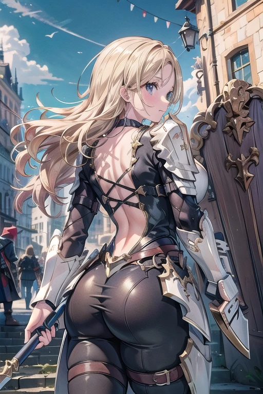 masterpiece, best quality, kisara, 1girl, armor, ass, back, back cutout, blonde hair, blue sky, blurry, blurry background, bodysuit, day, facing away, from behind, holding shield, long hair, median furrow, outdoors, pauldrons, shield, shoulder armor, skin tight, sky, solo, battlefied background 