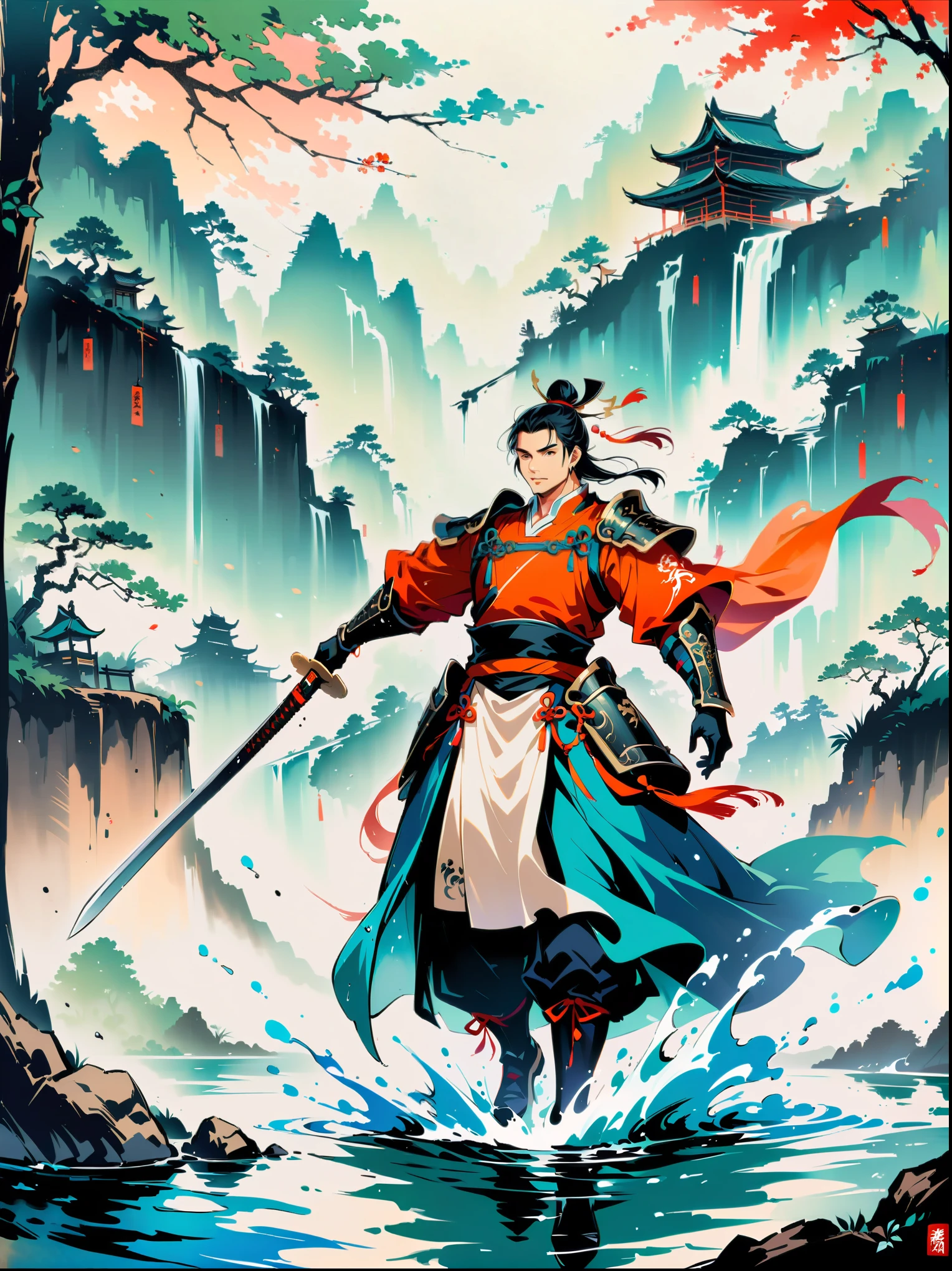 Ink painting,Male knight on the water,Wearing exquisite Chinese Tang Dynasty Ming Guang armor,A bamboo forest behind,sword,landscape,Ultra HD resolution,Freehand style,majestic,Natural light,Knight Focus