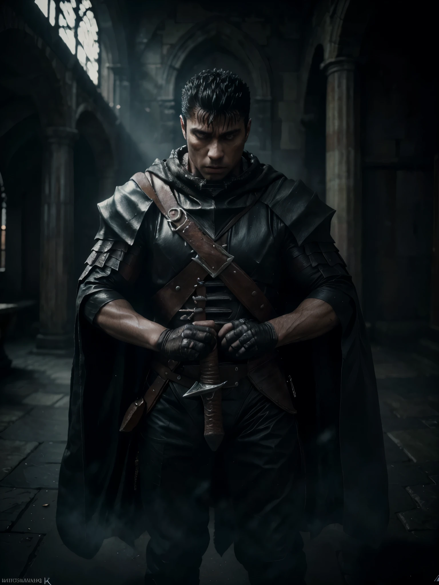 guts berserk holding greatsword,black cloak, realistic person, realistic photo(best quality,4k,8k,highres,masterpiece:1.2), ultra-detailed, (realistic,photorealistic,photo-realistic:1.37), dark fantasy, portraits, shadows, cinematic lighting