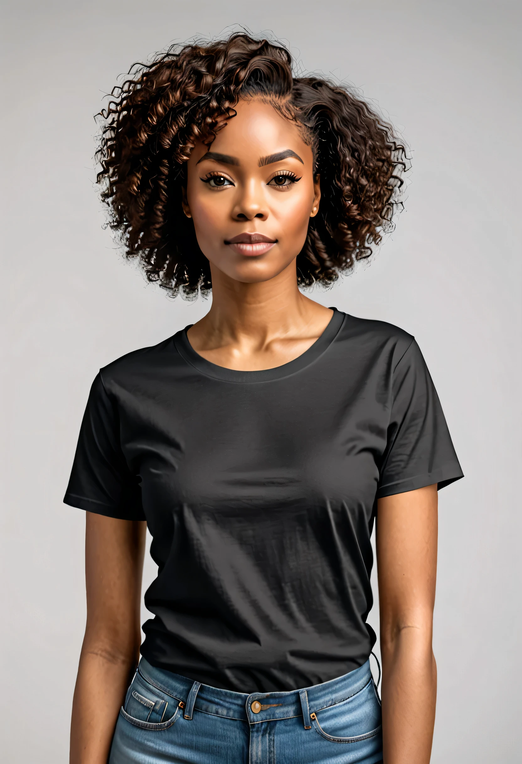 A african american women wearing, Black t-shirt, very realistic, centered, real, without any drawing or writing on the chest, suitable for use as a Mockup t-shirt, 8K,  High resolution, WHITE BACKGROUND