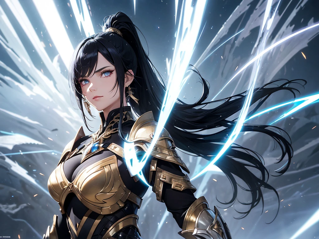 a mature woman, Confident, mighty and strong, (black blue hair streaked sky blue luminous hair), ((Extra long high ponytail with single side ear front hair combed in back)), floating hair, hair strand, shiny hair, blue amber eyes, pupils sparkling, aqua eyes, glowing eyes, pupils sparkling, upturned eyes, long upper eyelashes, double eyelids, deep red purple lips, white crystal earrings, a slight smile, (((Glowing clothing effect))), (Silver full body heavy armor), (((super high exquisite black and gold twin color pattern on silver armor))), ((Right hand holds a silver spear with lightning)), ((The left forearm is surrounded by fire and lightning)), (A huge upright lightning ring totem floats behind the shoulders), She is a war goddess, Random pose, Random expressions, Random background, White light surrounding the body, god rays, anime, full_body, Wide-Angle, UHD, masterpiece, award winning, 8k, super detail, best quality, retina, ccurate, super textured skin, super detail face, perfect face, Super fine facial details, beautiful and delicate eyes, perfect eyes, anatomically correct, correct limbs, correct finger, super detail finger, best hair quality, best clothing quality, best prop quality, best totem detail and quality, complex totem detail