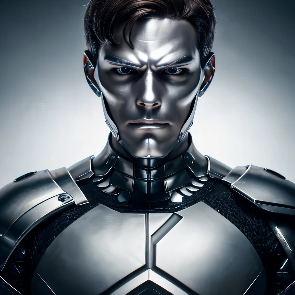 (masterpiece), 8k cg, intricate details, chromatic aberration, ((bust shot)), ((looking at viewer)), 1man (black eyes, short brown hair, silver armor, silver suit, silver surfer), boyish face, handsome face, frown, 20 year old, absurdres, cinematic lighting, dynamic lighting, fantasy, ((dark background, fog))