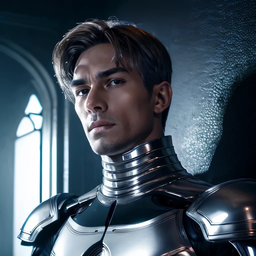 (masterpiece), 8k cg, intricate details, chromatic aberration, ((bust shot)), ((looking at viewer)), 1man (black eyes, short brown hair, silver armor, silver suit, silver surfer), boyish face, handsome face, frown, 20 year old, absurdres, cinematic lighting, dynamic lighting, fantasy, ((dark background, fog))