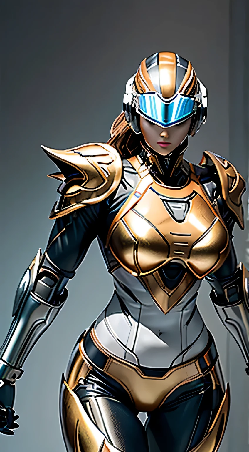 female robocop solo、bright outdoors、strong light source、8K, high quality, masterpiece, 最high quality、very detailed、Armor that completely covers the whole body、very large armor、Helmet covering the head、clear pictures、Eyes hidden by thin straight goggles:1.3、The lower half of the face is raw:1.5、The lower half of the face is exposed、luscious lips、Clear orange and white metallic armor、Armor that completely covers the chest、thin and long legs、Vibrant posel body view,big and full breasts:1.5, (sports body:1.5)、five fingers、photos around town