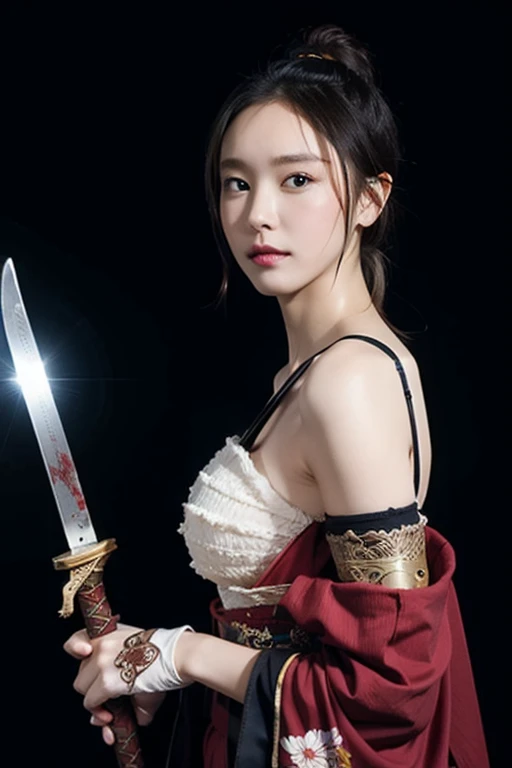 warrior,arms,armor,sword,alone,japanese armor,warrior,long hair,black hair,holding,knife,holding arms,topknot,looking at the viewer,cigarette,1 girl,hair ornaments,ponytail,sheath,black eye,holding sword,shoulder armor,Blood,male focus,Hairpin,kusazuri,sheathed,gloves,kimono,Blood splatter,Are standing,black gloves,looking to the side,cowboy shot,Wind,breastplate,realistic,high ponytail,floating hair,sheath,
highest quality,masterpiece,very delicate and beautiful,cg,unity,8k wallpaper,wonderful,finely,masterpiece,official art,very detailed cg unity 8k wallpaper,incredibly absurd,huge file size,Super detailed,High resolution,very detailed,