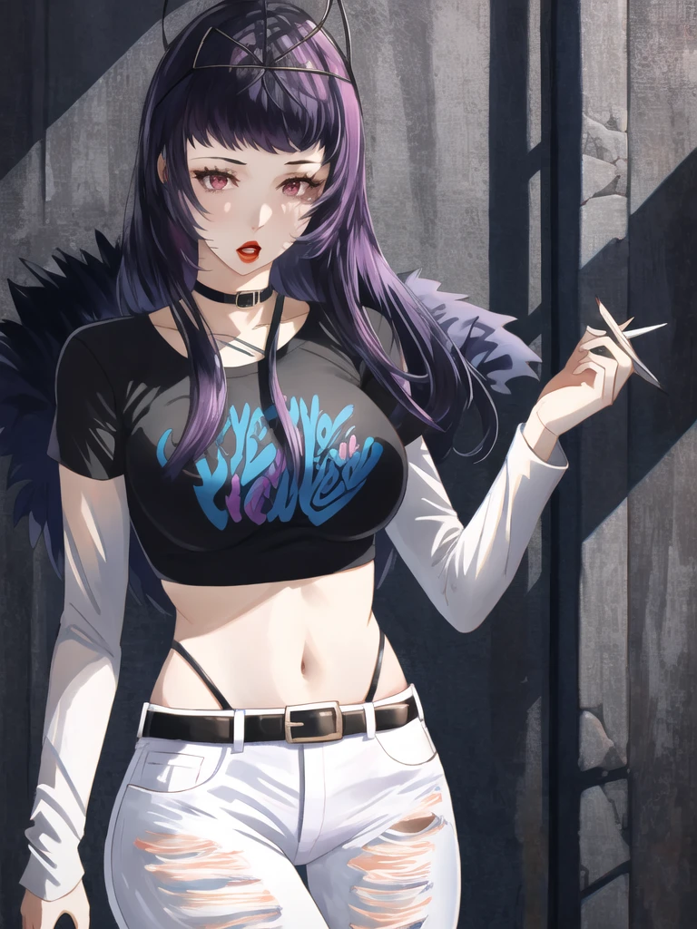 Ivy_fe, purple hair, 1girl, solo, standing, black t-shirt, white shirt, blue jeans, belt, lipstick, large breasts