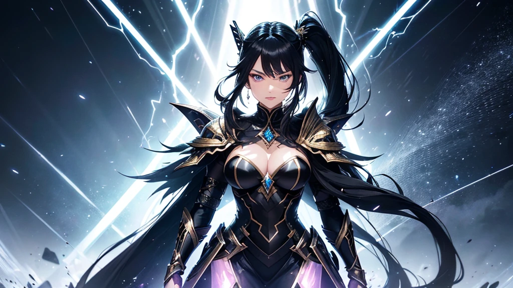 a mature woman, Confident, mighty and strong, (black blue hair streaked sky blue luminous hair), ((Extra long high ponytail with single side ear front hair combed in back)), floating hair, hair strand, shiny hair, blue amber eyes, pupils sparkling, aqua eyes, glowing eyes, pupils sparkling, upturned eyes, long upper eyelashes, double eyelids, deep red purple lips, white crystal earrings, a slight smile, (((Glowing clothing effect))), (Silver full body heavy armor), (((super high exquisite black and gold twin color pattern on silver armor))), ((Right hand holds a silver spear with lightning)), ((The left forearm is surrounded by fire and lightning)), (A huge upright lightning ring totem floats behind the shoulders), She is a war goddess, Random pose, Random expressions, Random background, White light surrounding the body, god rays, anime, full_body, Wide-Angle, UHD, masterpiece, award winning, 8k, super detail, best quality, retina, ccurate, super textured skin, super detail face, perfect face, Super fine facial details, beautiful and delicate eyes, perfect eyes, anatomically correct, correct limbs, correct finger, super detail finger, best hair quality, best clothing quality, best prop quality, best totem detail and quality, complex totem detail