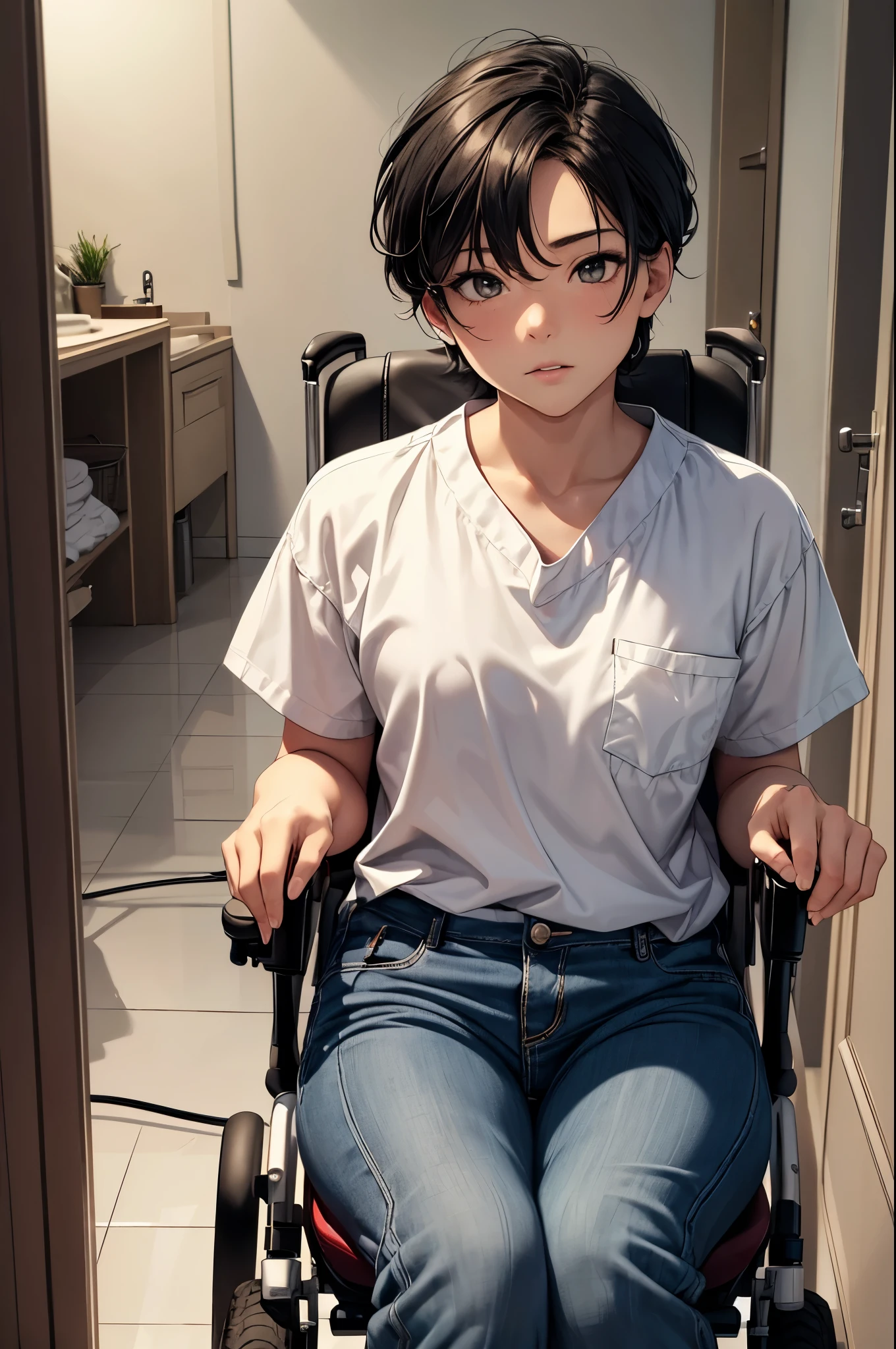 (ultra-detailed, realistic), hospital scene, [medium:oil painting], [professional:1.1], [physically-based rendering], [vivid colors], [sharp focus], [studio lighting], [extreme detail description], [best quality,4k,8k,highres,masterpiece:1.2],(upper body focus),inside the house,inside the room,one 18 years old boy,femboy,trap,(short black hair),(gloomy), [streesed eyes],(high ,blouse,slacks),boots,((riding the electric wheelchair)),((operating the electric wheelchair))