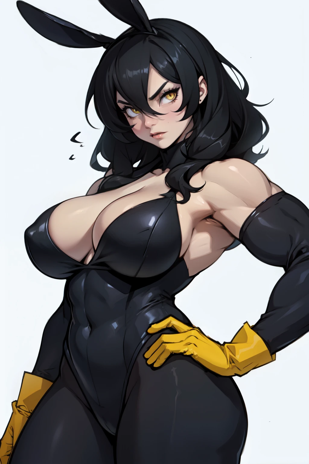 bunny girl black hair yellow eyes pale skin muscular girl bunny costume bunny girl seductive expression