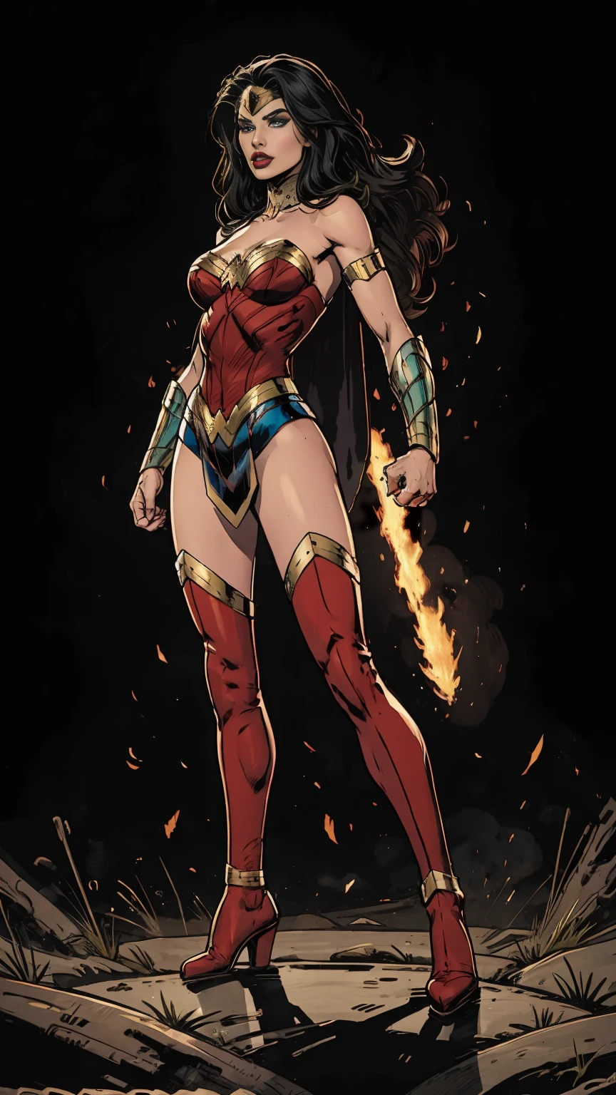 ((full body photo, standing, feet on the ground)) (Adriana Lima :1.1) Red lips, green eyes, ((full body photo, standing, feet on the ground)) Wonder Woman stands imposingly in a city from Themyscira. The scenery is lush. The camera details everything, a warrior woman, cover with stars .
