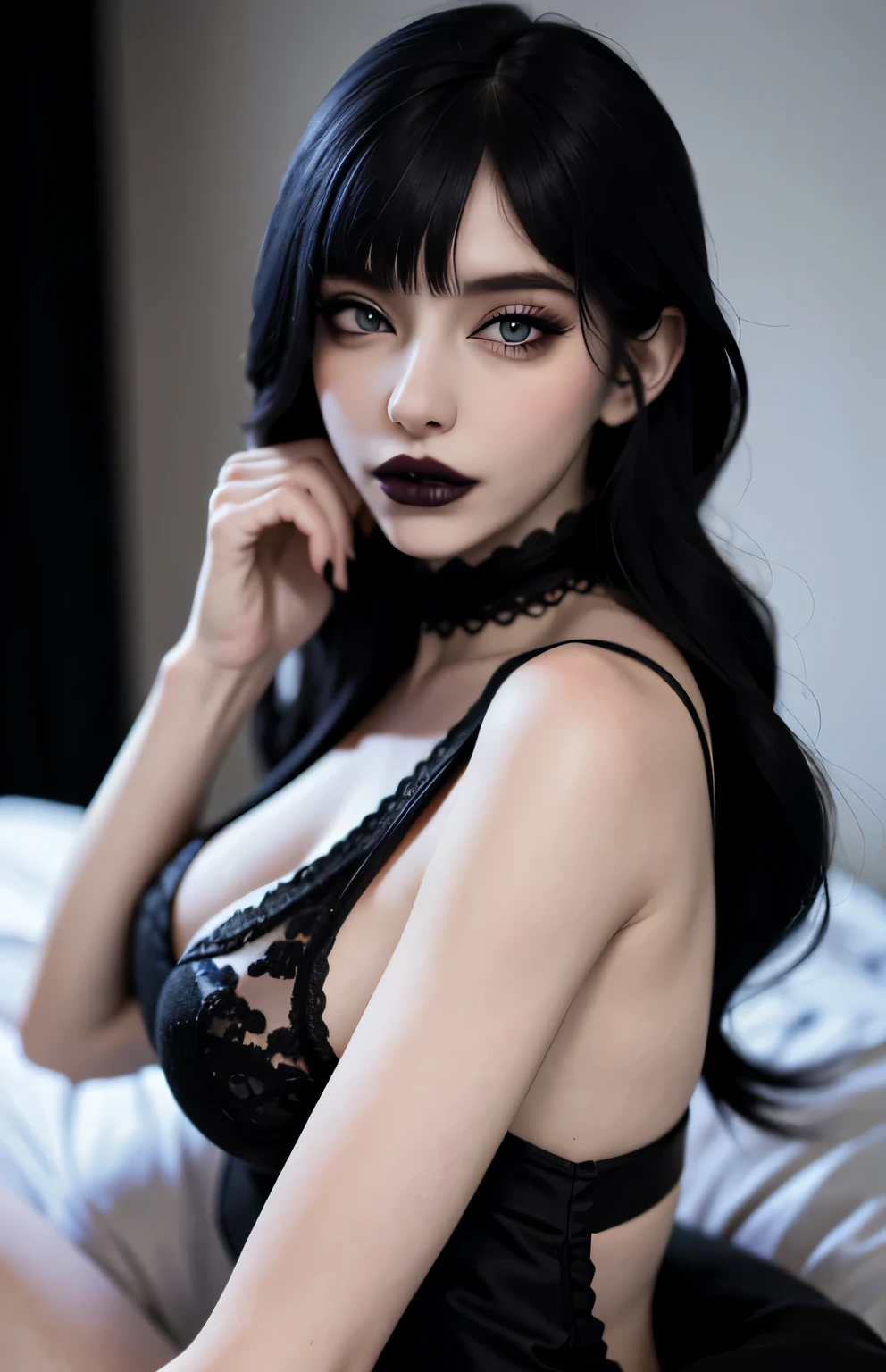 Best quality, masterpiece, ultra high res, full body shot, full body, laying in bed, girl laying in bed, body shot, looking directly in the camera, (photorealistic:1.4), 1girl, offshoulder, deep shadow, shiny skin, masterpiece, (photorealistic:1.4), best quality, backlighting, pale skin, detailed shiny skin, looking at viewer, closed mouth, pale skin, detailed black lipstick, black hair, blue eyes, blue eyeshadow, detailed black lipstick, black lips, black fingernails, pale skin, depth of field, 5 fingers, black tight goth dress, camera far away, long shot, distance dark lighting, on bed, night time lighting, night time, girl laying in bed, black lingerie