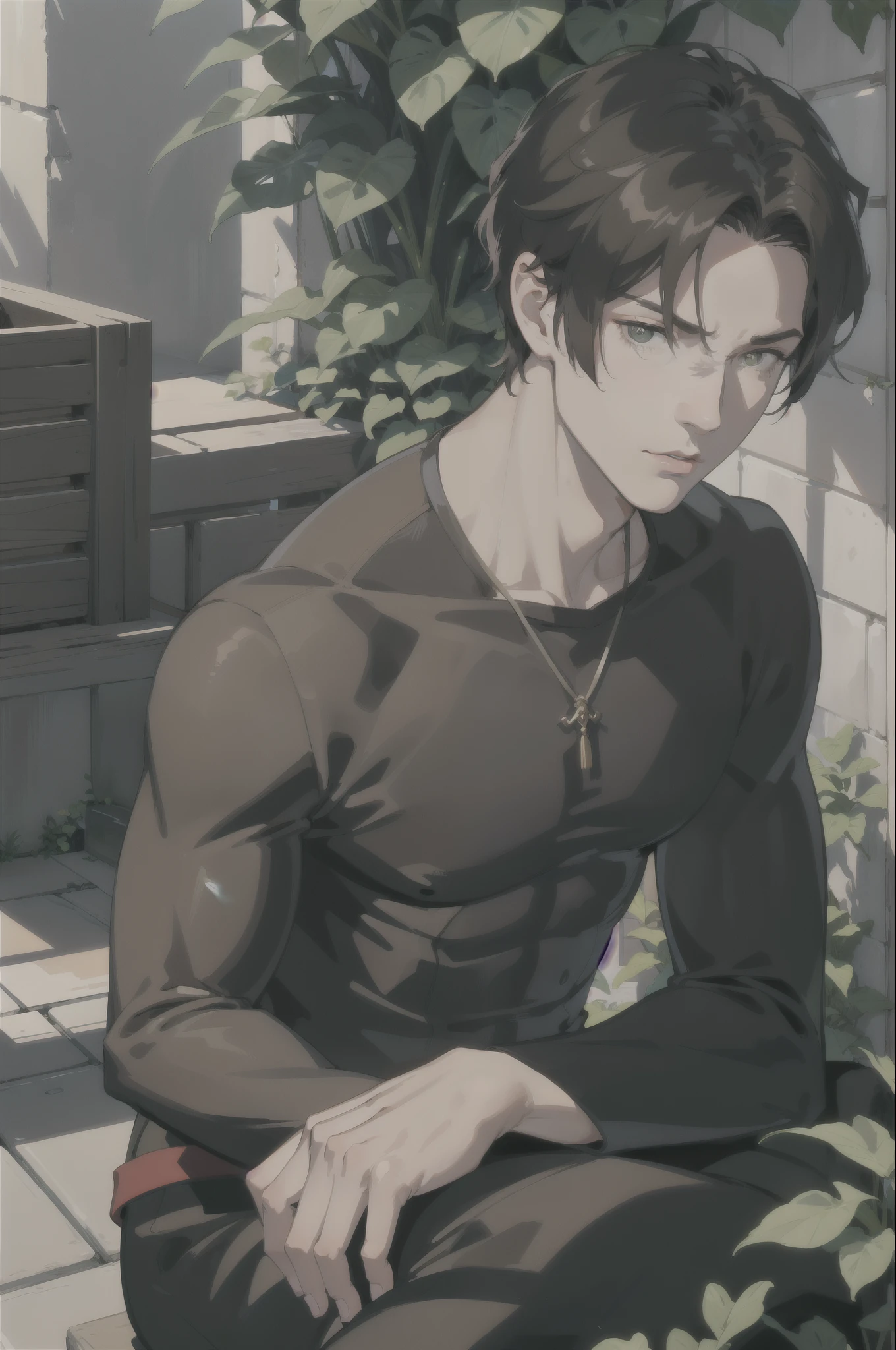 masterpiece, best quality, 1 male, handsome, tall muscular guy, very short hair, best ratio four finger and one thumb, best light and shadow, background is back alley, detasiled sunlight, sitting, Little cats are gathered next to him, dappled sunlight, day, depth of field, plants, summer