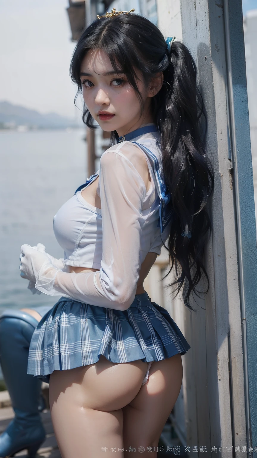 arafed asian woman in a tight white sailor uniform and tiny blue skirt posing for a photo, very sexy pose, elegant seducing pose, sexy look, sultry body, anime girl cosplay, ((tiny blue miniskirt|plaid miniskirt)), ((huge breasts|white sailor uniform)) ((white sailor shirt|blue collar|blue bow)), ((long blue boots|high heels|knee-high)), ((long white gloves|blue stripes)), ((blue choker|sapphire)), ((wearing a golden tiara on forehead)), ((long slender legs)), ((tiny white thong)), 2 4 year old female model, beautiful alluring , model with attractive body, sexy body, gorgeous young korean woman, beautiful feminine body, gorgeous young model, young sensual graceful, gorgeous chinese model, ((curly bangs)), ((very dark short hair)), ((black hair in a rough shag)), wavy hair, (masterpiece:1.3), high resolution, ((sailor mercury)), ((outdoors|bright and sunny))