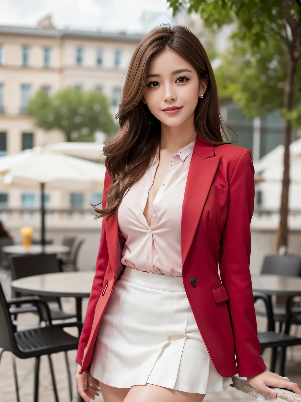 best quality, realistically, super detailed, detailed pubic hair, High resolution, 8k wallpaper, 1 beautiful woman, Pink wet lips, light brown messy hair, wearing a crimson suit, shirt, white skirt, lock focus, perfect dynamic composition, beautiful eyes, delicate hair, Detailed realistically skin texture, smile, close up portrait, model body shape, On the open terrace of the cafe, blurred background, (full body shot), Shooting from a distance, Random Body Orientation,