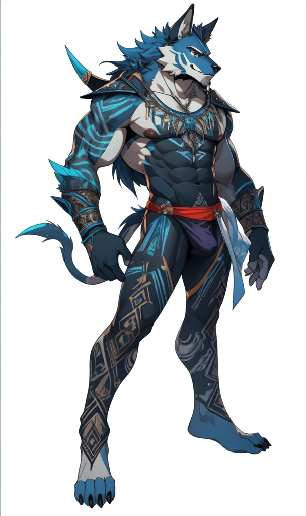 Lobo azul, dos cabezas sobre sus hombros, ojos dorados, anguli frente lejos, semi desnudo, pene dotado,trusa acojedora, masculino, pecho, blanco, piel con tatuajes runicos, 4K design, realista, bajo el mar Background, con el cuerpo de frente, masturbandose