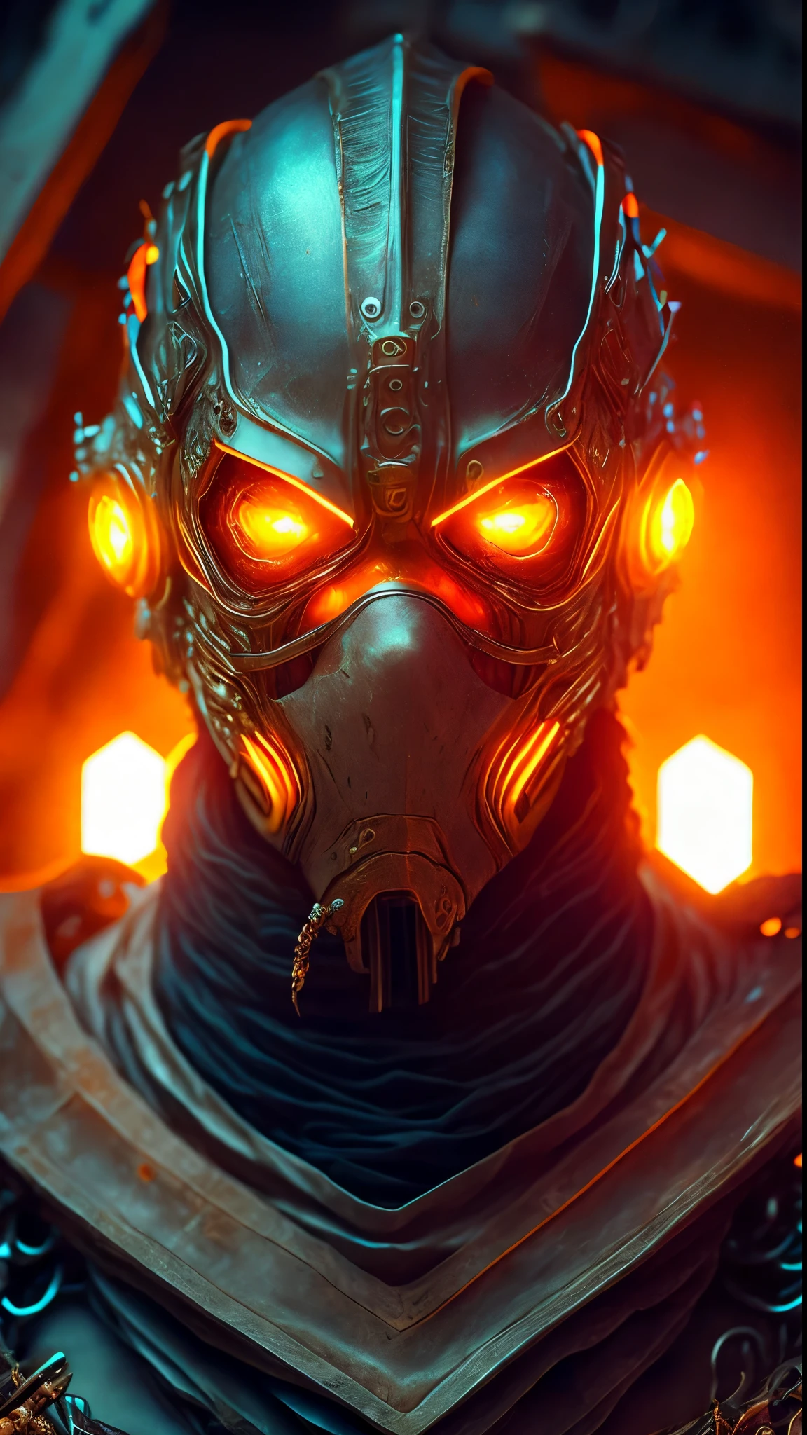 breathtaking cinematic science fiction photo of a portrait of a non human masked Grim wrapped in orange chrome metal skin, body full glowing metrics inside, glowing multicoloured eyes, multifaceted eyes, metallic arms, inside a destroyed building, extremely menacing creature, highly detailed, award-winning