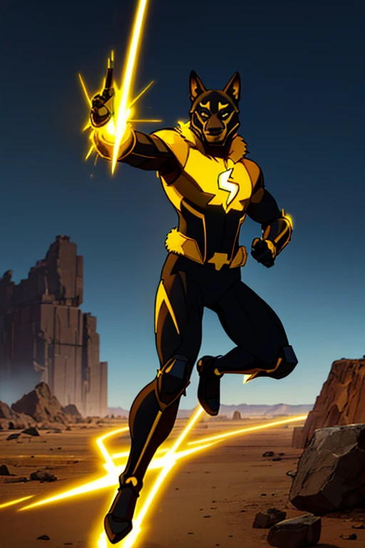 (A full body image of a heroic German Shepherd anthro, yellow fur, black super hero costume for a speedster), (lightning effects in the area), (background is a barren wasteland) (he looks like a superhero), (((his right arm and left leg are mechanical)))
