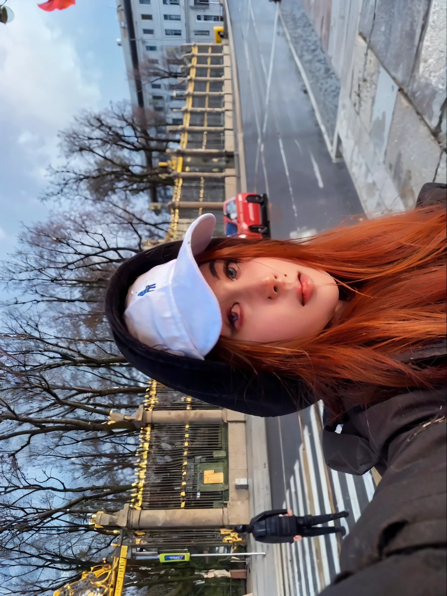 ((Ultra-realistic detail.) (Masterpiece, Top Quality, Best Quality, Official Art, Beauty and Aesthetics: 1.2), Very Detailed, Colorful, Most Detailed, Branches, Buildings, Barbed Wire, Cherry Blossoms, Fences, Long Hair, Outdoor, Petals, Landscape, Rain, Trees, Sky, Street, Real, park jimin’s face of bts, Switch face with bts park jimin face, amber eyes, long eyelashes, lips with gloss, 3D, 4K, high quality, Sharp to the right point.