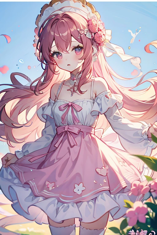 anime girl with long pastel brown pink hair and white dress with pink flowers, anime art wallpaper 4 k, anime art wallpaper 4k, anime art wallpaper 8 k, cute anime waifu in a nice dress, beautiful fantasy anime, beautiful anime artwork, anime wallpaper 4 k, anime wallpaper 4k, anime girl with long hair, beautiful anime art, beautiful anime girl, 4k anime wallpaper,honkai Star rail style, pink dress summer dress full body