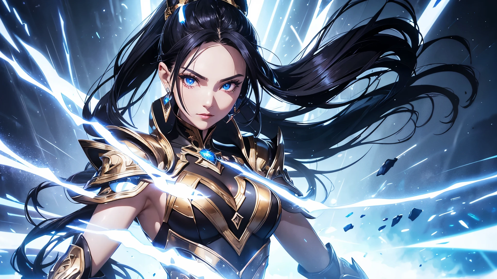 a mature woman, Confident, mighty and strong, (black blue hair streaked sky blue luminous hair), ((Extra long high ponytail with single side ear front hair combed in back)), floating hair, hair strand, shiny hair, blue amber eyes, pupils sparkling, aqua eyes, glowing eyes, pupils sparkling, upturned eyes, long upper eyelashes, double eyelids, deep red purple lips, white crystal earrings, a slight smile, (((Glowing clothing effect))), (Silver full body heavy armor), (((super high exquisite black and gold twin color pattern on silver armor))), ((Right hand holds a silver spear with lightning)), ((The left forearm is surrounded by fire and lightning)), (A huge upright lightning ring totem floats behind the shoulders), She is a war goddess, Random pose, Random expressions, Random background, White light surrounding the body, god rays, anime, full_body, Wide-Angle, UHD, masterpiece, award winning, 8k, super detail, best quality, retina, ccurate, super textured skin, super detail face, perfect face, Super fine facial details, beautiful and delicate eyes, perfect eyes, anatomically correct, correct limbs, correct finger, super detail finger, best hair quality, best clothing quality, best prop quality, best totem detail and quality, complex totem detail