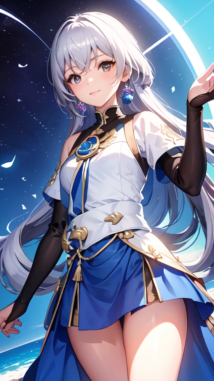 ph bronya, 1 chica, solo, joyas, pendientes, pelo largo, Pelo gris, Golpes, perforar el cabello, hombros descubiertos, ojos grises, thigh botas, muslos, pelo entre los ojos, botas, guantes de codo,sin mangas, guantes negros, ejercicios gemelos, belt, polainas, vestido blanco, senos, small senos, calzado negro, mangas largas, (obra maestra:1.2, Mejor calidad), (hermosos ojos finamente detallados: 1.2), (antecedentes detallados,dark fantasy), (hermoso rostro detallado), alto contraste, (Better lighting, un extremadamente delicado y hermoso), ((cinematic light)), vistoso, hiper detalle, dramatic light, Detalles intrincados, (sharp face pelo entre los ojos,dynamic angle), luz negra arremolinada alrededor del personaje, profundidad de campo,black light particles,(vidrio roto),magic circle,