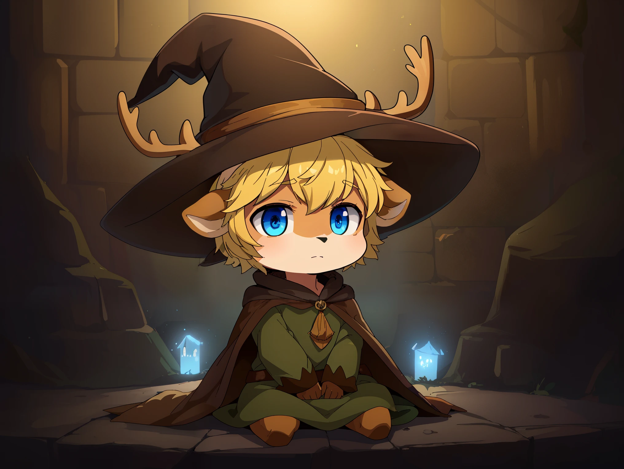 deer, solo, young, cub, chibi, (blue eyes), ((large witch hat)), ((brown hat)), ((brown cloak)), (long green tunic), (blonde hair), (short hair), short deer tail. ((light brown body)), (short brown antlers), short snout, dark dungeon background. Very good figure, cinematic lighting, volume lighting, masterpiece, best quality