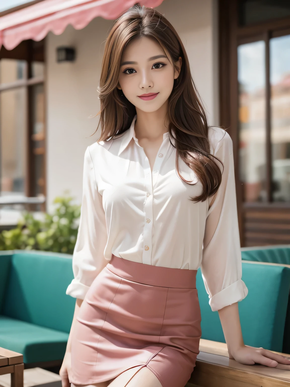 best quality, realistically, super detailed, detailed pubic hair, High resolution, 8k wallpaper, 1 beautiful woman, Pink wet lips, light brown messy hair, wearing a crimson suit, shirt, white skirt, lock focus, perfect dynamic composition, beautiful eyes, delicate hair, Detailed realistically skin texture, smile, close up portrait, model body shape, On the open terrace of the cafe, blurred background, (full body shot), Shooting from a distance, Random Body Orientation,