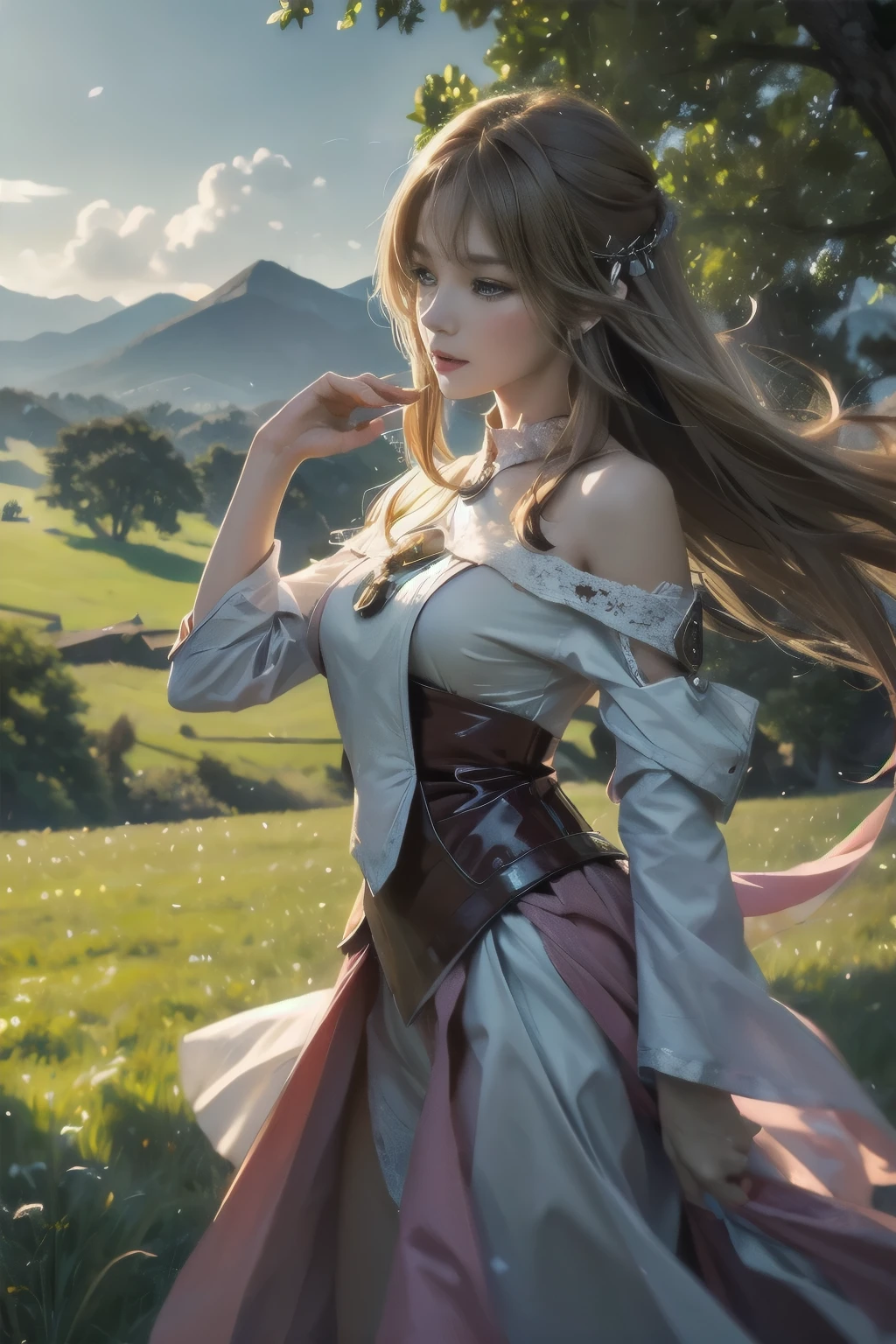 (best quality,4k,8k,highres,masterpiece:1.2),ultra-detailed,(realistic,photorealistic,photo-realistic:1.37),acrylic painting,beautiful Brazilian model in pink outfit with downy hair,beautiful Brazilian model with extremely colorful brown hair and detailed facial features,beautiful Brazilian model standing in a beautiful garden surrounded by a starry sky,brown hair,beautiful Brazilian model with intricate accessories,cat ears, ,beautiful Brazilian model with long flowing twintails,beautiful Brazilian model with bright brown eyes and rosy lips,beautiful Brazilian model with a joyful expression,beautiful Brazilian model in a dynamic pose with cherry blossoms falling around her,beautiful Brazilian model surrounded by colorful flowers and butterflies,beautiful Brazilian model with an enchanting smile,beautiful Brazilian model with soft, pastel-colored shading,beautiful Brazilian model with a magical glow illuminating her,beautiful Brazilian model in a picturesque setting with a winding path leading to a magnificent castle,beautiful Brazilian model with a fairytale-like background,beautiful Brazilian model with a soft, dreamy atmosphere,beautiful Brazilian model with a subtle bokeh effect,beautiful Brazilian model standing under a sunny sky,beautiful Brazilian model with a warm, golden sunset in the background,beautiful Brazilian model surrounded by twinkling stars and colorful nebulae,creating an ethereal and captivating artistic masterpiece, facing camera, up close, face only, dress outfit, thigh up close up, long hair