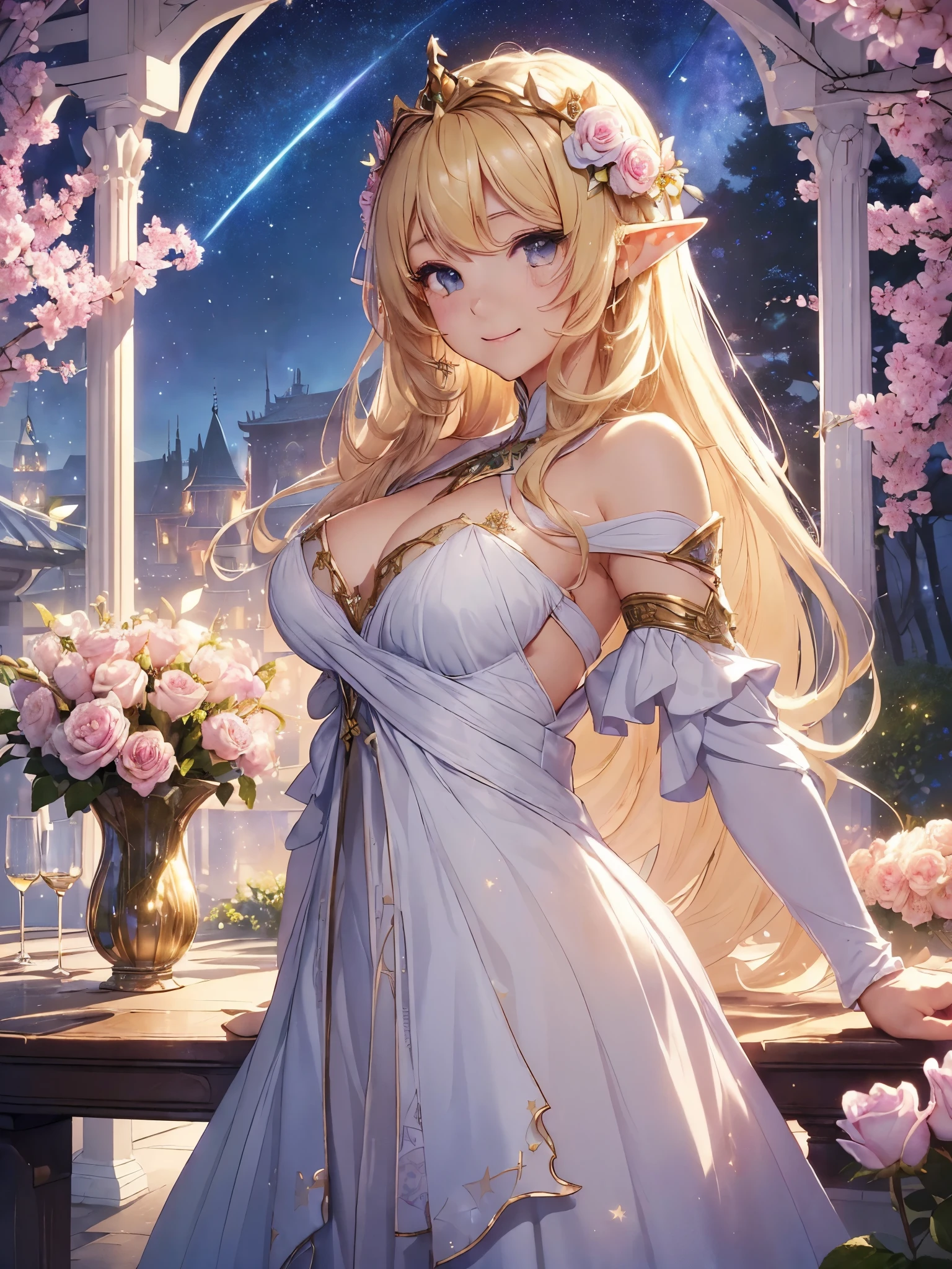 highest quality、Highest image quality、masterpiece、beautiful profile、、Titania、Super beautiful elf beauty((22 years old OL big bust、bust 90,beautiful long ironed hair、blonde、Height: 165cm。slender、sexy、Esbian、beautiful tiara、night、High quality、美しいart、Beautiful bed、canopy、Canopy、background((starry ski)))muste piece、ビジュアルart、Depth of the bounds written、、elf ears、、Lightのmagic、universe、A happy smile、穏やかなLight、Elven Forest、cherry blossoms、、elegant、ticker beautiful decorative、marble columnystical rosa、Rose、flower瓶magicのflower、flowerを作るmagic、Light、 the sky、beautiful dressy、beautiful dress、table、giant galaxy、myth、ART、Lord of the Ring、sexy、friendly smile、Fantastic、cherry blossoms、舞い散るflowerびら、cherry blossomsのflower、universeのmagic、magicのLight、fantasy、flower、super REALITYたくさんのRose、magic、universeを飛ぶ、、Grow fantasy、、mysteryのLight、byzantine、Art nouveau、alphonse Mucha、、art、art,mystery,UHD,magicalgentle light,sexy、