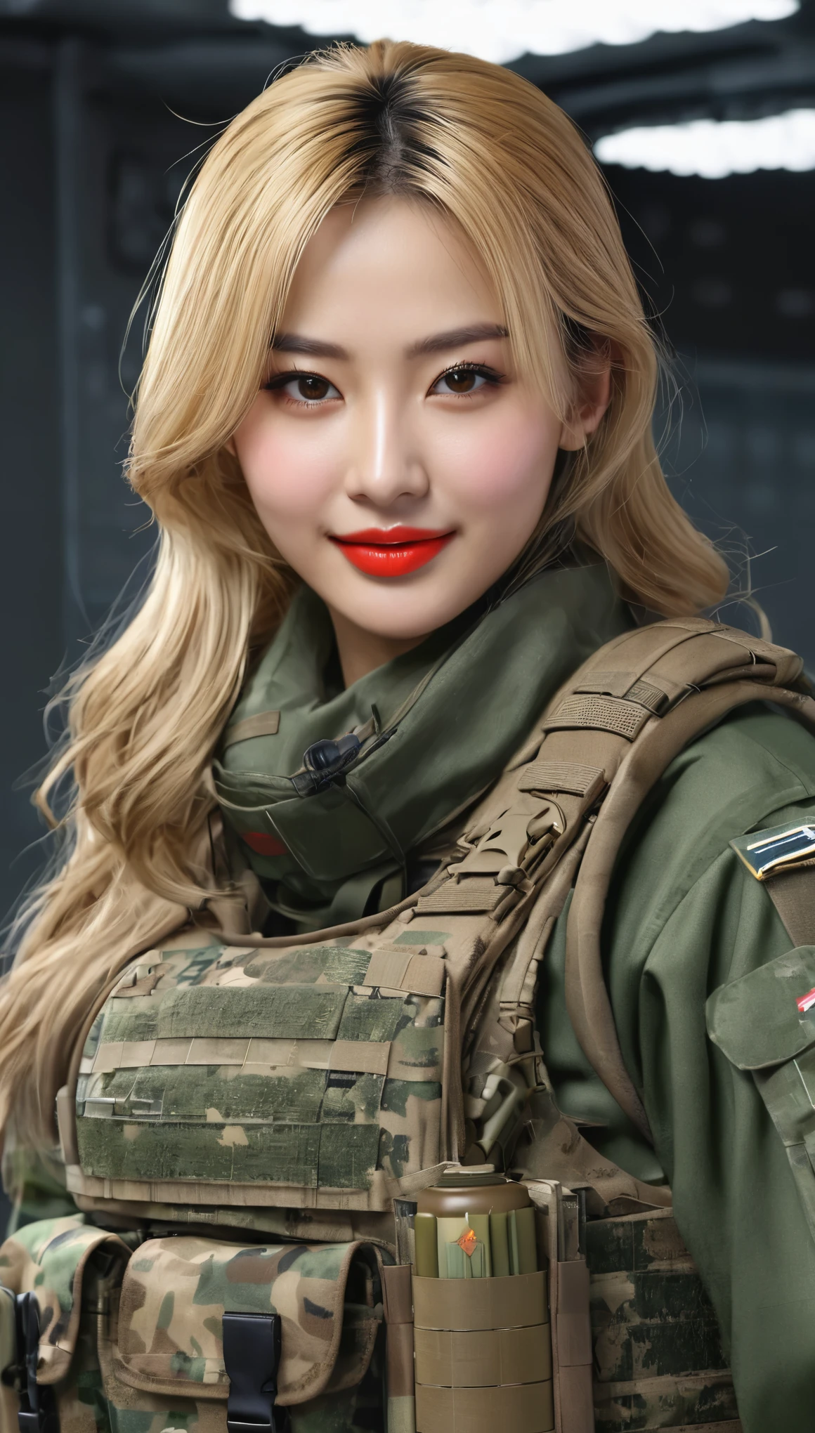 (((hyper real)))、超未来的なfemale soldier、陸軍female soldier、Beautiful woman　High level image quality　High resolution　realistic　blonde woman、mature woman、((big big tits))、Fine skin texture、超High resolution、realistic、plump body shape、smile、中年Beautiful woman、beautiful expression 、fine brown eyes、fluffy long hair、非常に繊細でFine skin texture、３５army soldier woman、(Very futuristic huge computer room)、female soldier、big cleavage、bright red lips、(wear combat uniform)、