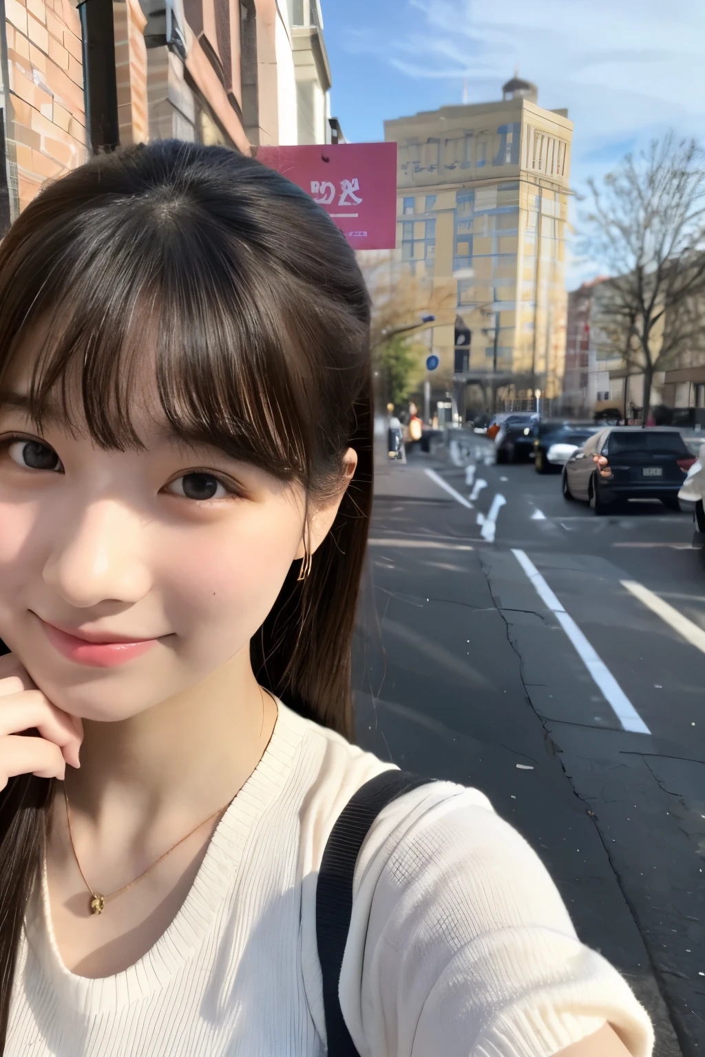 A beautiful girl that everyone recognizes。Selfie screen on smartphone。I don&#39;t have earphones。A bright image with a white base。