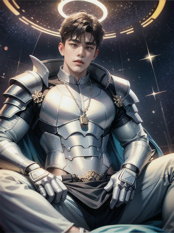 man with halo armor,  in a space base,Slightly rusty aura armor, professional photos, Milky Way Arav, a man with a K letter necklace on his neck and a shirtless torso., have a belly, Sit comfortably while spreading your legs., (fat(from below:1.1)), Eyes on the viewer, Korean muscular boy, 2 1 years old, [ Strictly defines the abdomen ]!!, perfect body, 21 years old, 22 years old, tear, Medium shot of the big man., Asian man, [ A firmly defined abdomen ]!!, 18 years old