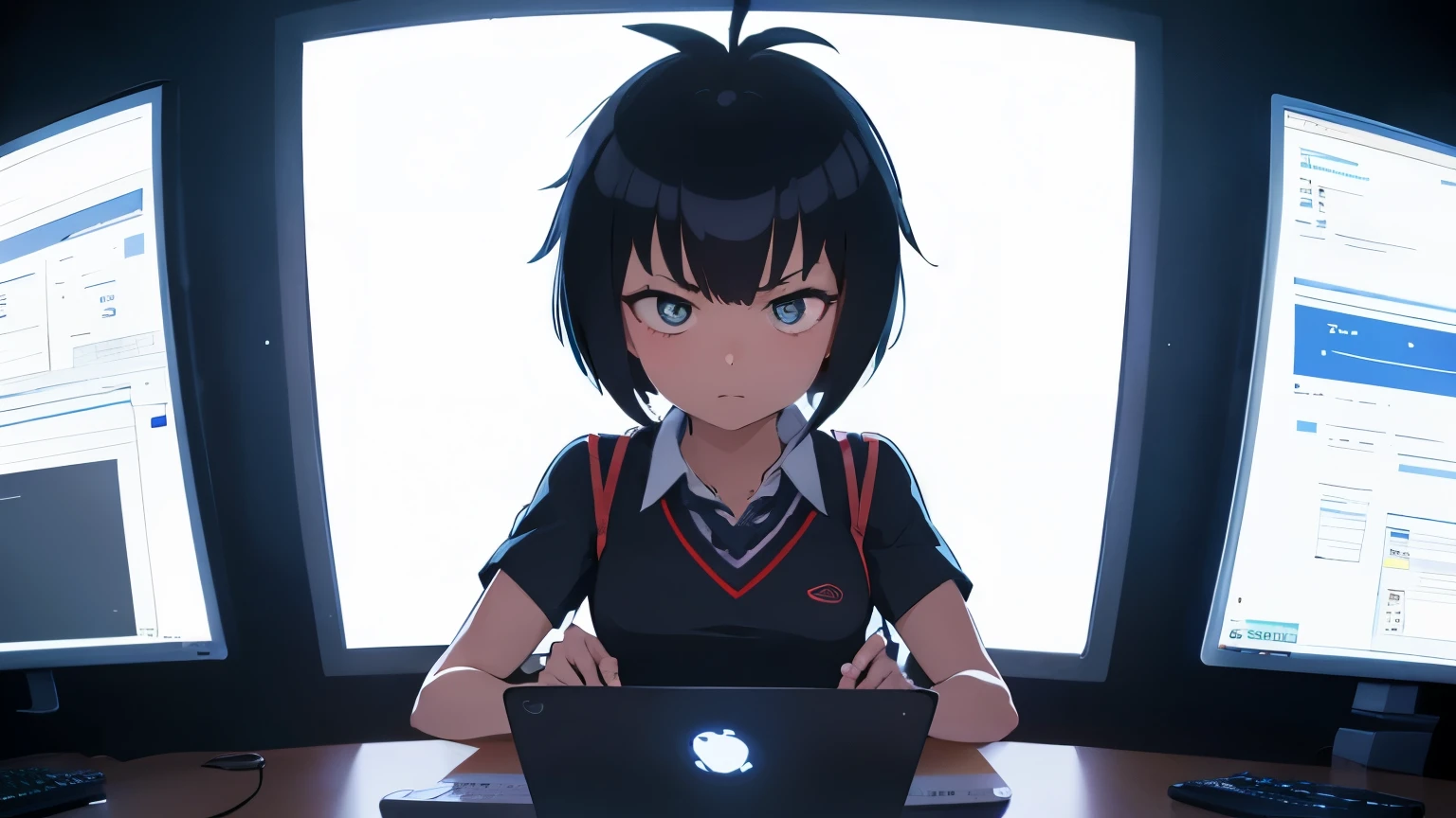 anime peni parker girl , disgusted , working on a laptop , headphones , varias telas olograficas ,serious face , dark cenario , cabine futurista , monitores olograficos