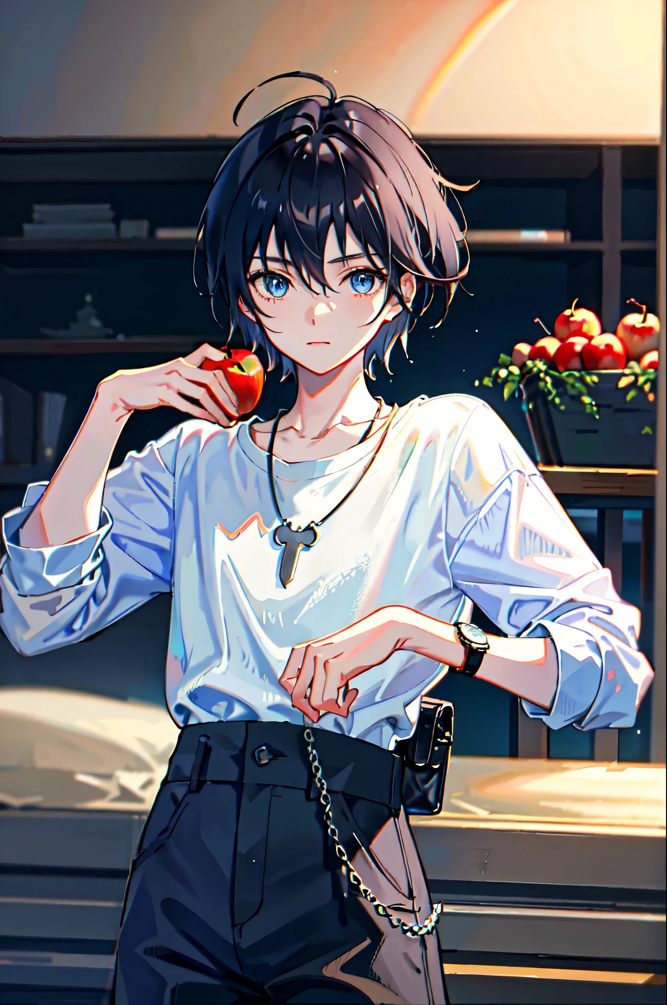 1boy, apple, bag, bangs, berry, black hair, black shirt, blue eyes, hair between eyes, jewelry, leaf, looking at viewer, male focus, necklace, pants, shirt, solo, watch, white pants, wristwatch, messy hair, trending on artstation, 8k resolution, highly detailed, anatomically correct, sharp image, digital painting, concept art, trending on pixiv, style of makoto shinkai,