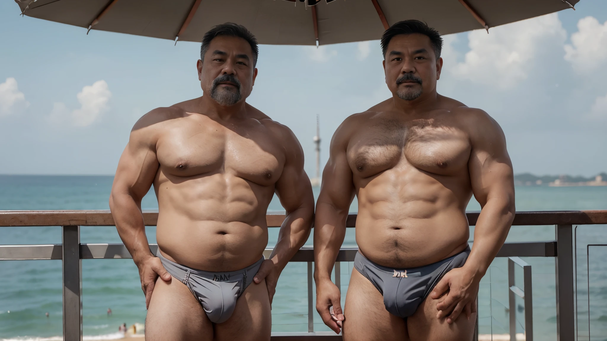 2 Vietnamese grandfathers with gray hair, face, a thick mustache, a short chin beard, bear body, wearing a massive bulging gray jockstraps standing at the sea, have belly, big muscular chest, a sexy p.