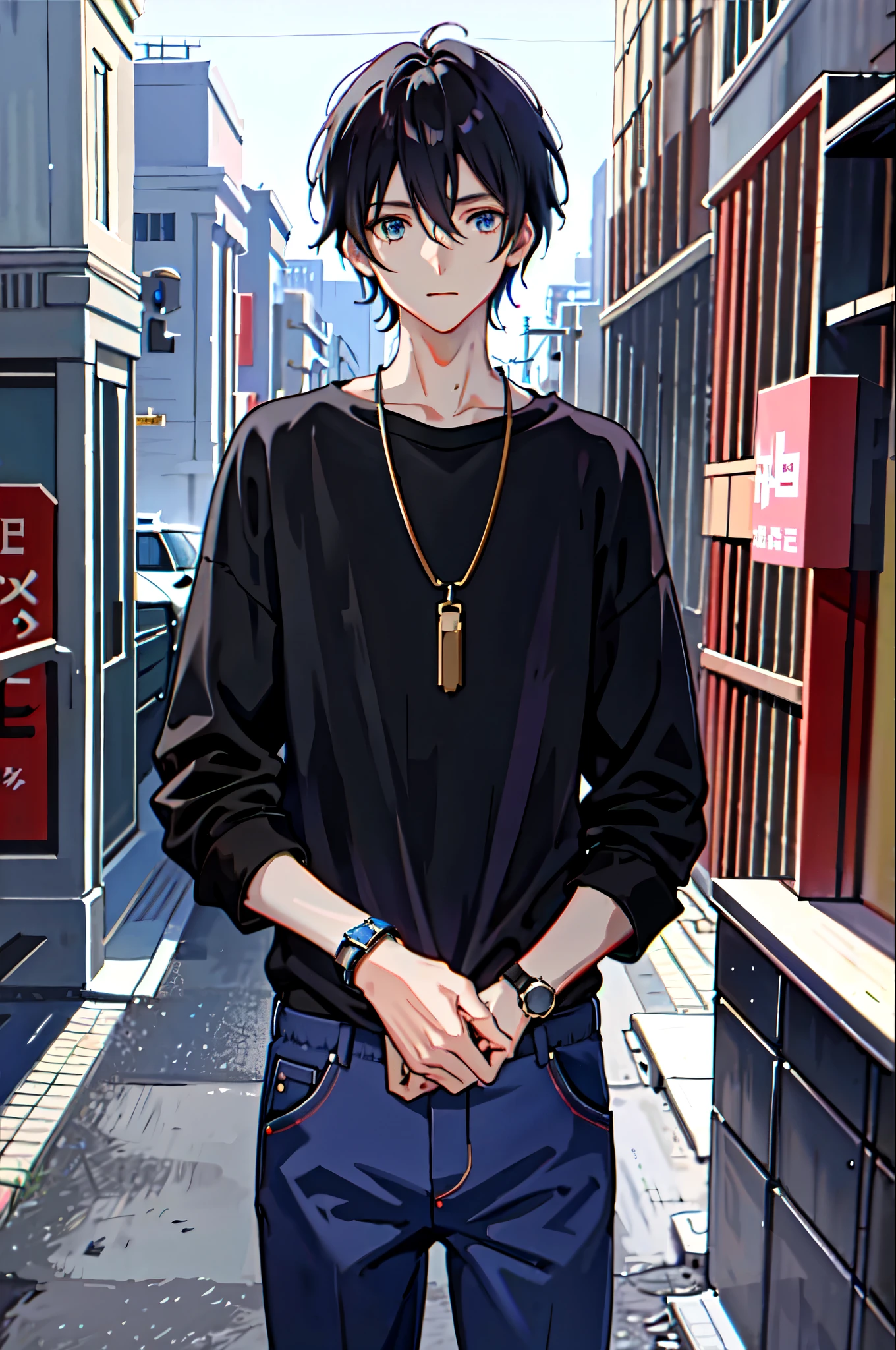 1boy, apple, bag, bangs, berry, black hair, black shirt, blue eyes, hair between eyes, jewelry, leaf, looking at viewer, male focus, necklace, pants, shirt, solo, watch, white pants, wristwatch, messy hair, trending on artstation, 8k resolution, highly detailed, anatomically correct, sharp image, digital painting, concept art, trending on pixiv, style of makoto shinkai,