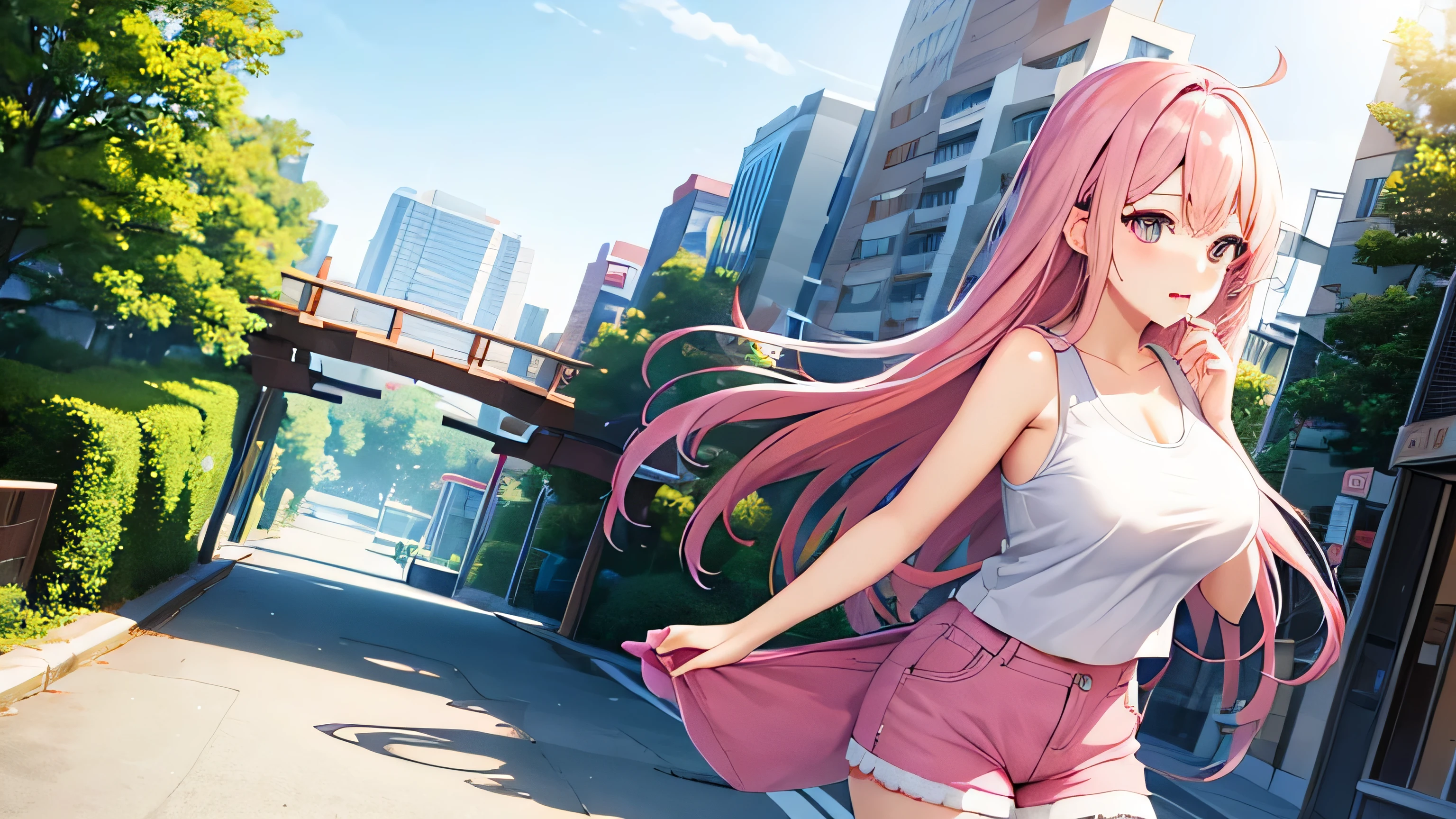 anime、pink hair、big breasts、valley、white sleeveless shirt、pink shorts、In town、one person