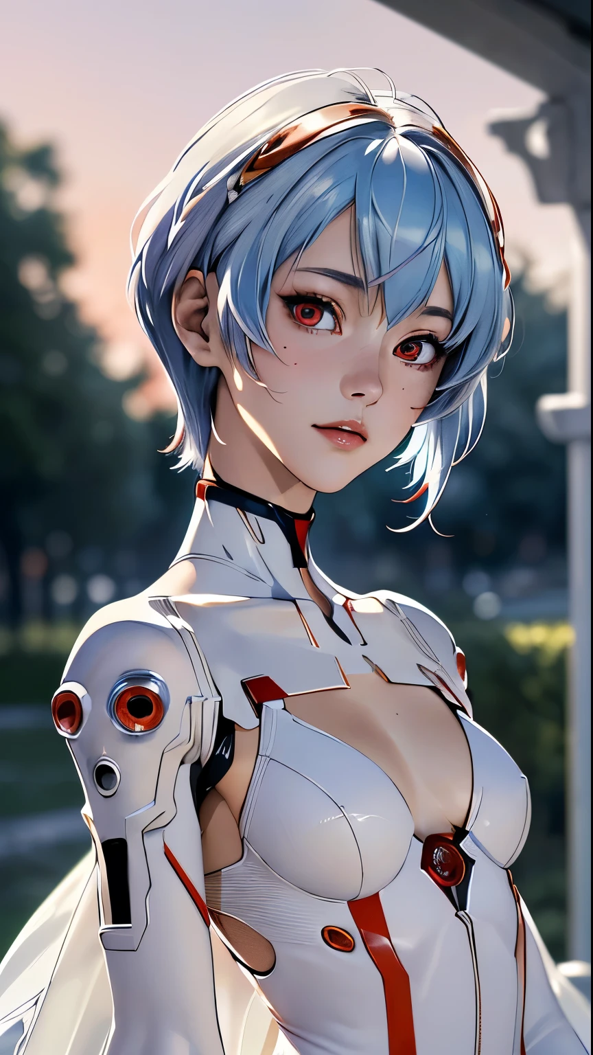 (best quality, masterpiece, colorful, dynamic angle, highest detailed)(\Rei Ayanami\), upper body photo, fashion photography of cute girl (\Rei Ayanami\), red eyes, dressing high detailed Evangelion white suit (high resolution textures), in dynamic pose, bokeh, (intricate details, hyperdetailed:1.15), detailed, moonlight passing through hair, (fantasy colors background, official art, extreme detailed, highest detailed), HDR+