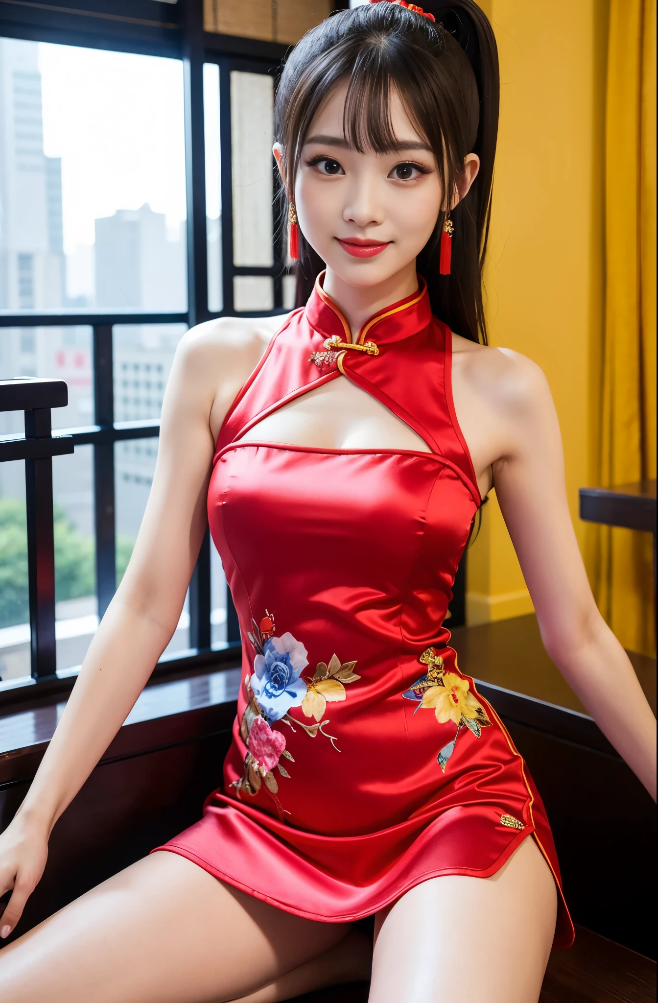 (highest quality、8K、masterpiece、nffsw:1.2)、19-year-old slender beauty，Blue mini skirt Chinese dress、Flashy makeup with red eyeshadow，double eyelid，delicate mid-cut ponytail，squatting down、spread legs，　show white panties,sexy cheongsam and silk miniskirt，best smile，She is wearing a sexy short colorful cheongsam。。，Chinese dress with deep slit，draw hands correctly，The background is the bright interior of a Chinese restaurant...，