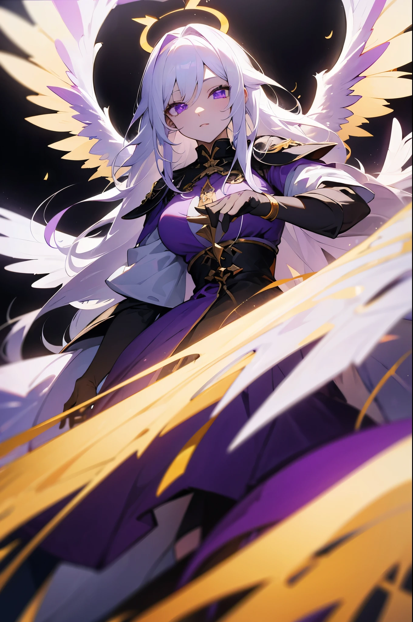 (masterpiece), best quality, detailed eyes, purple eyes, white skinned, white + yellow hair, halo, white + red + gold + black + purple clothing, long gloves, long hair, wings, angel, dress