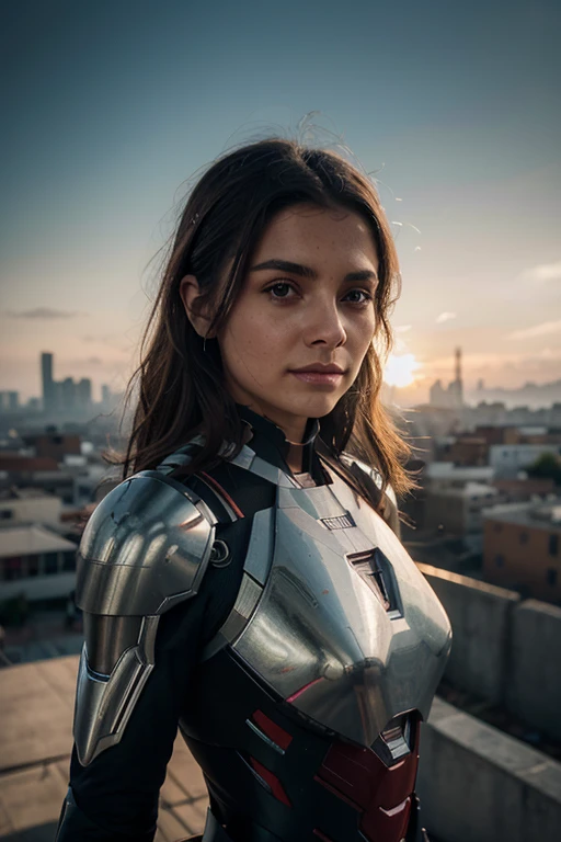 CRU, obra de arte, Foto ultrafina,, Melhor qualidade, Ultra high resolution, Fotorrealista, luz solar, Retrato de corpo inteiro, inacreditavelmente lindo,, dynamic poses, rosto delicado, olhos vibrantes, (vista lateral) , She's using a futuristic Iron Man mech, esquema de cores vermelho e dourado, Highly detailed abandoned warehouse background, rosto detalhado, fundo ocupado detalhado e complexo, messy, Maravilhoso, Leite branco, pele altamente detalhada, detalhes de pele realistas, visible pores , sharp focus, volumetric fog, 8k hd, DSLR Camera, alta qualidade, Film grain, pele clara, fotorrealismo, lomografia, Expanding metropolis in a futuristic dystopia, vista de baixo, translucent