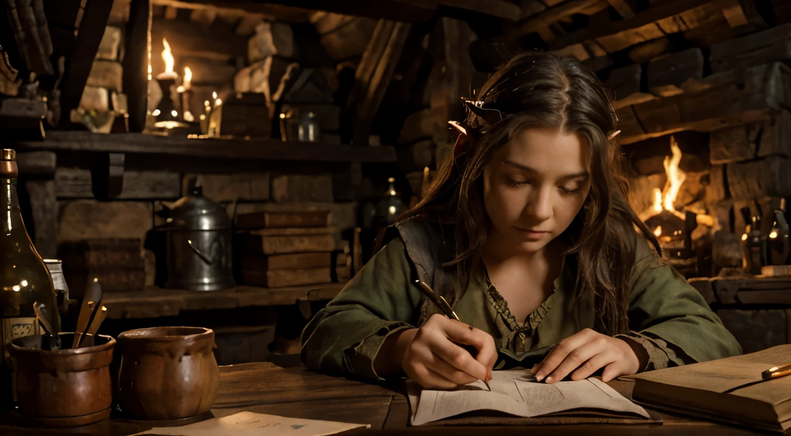 hobbit tavern, a pretty hobbit medieval elf girl writting in a old paper, fireplce back ( do the face more detailed )